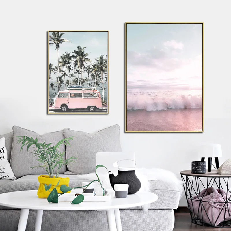 Пейзаж океана холст Постер в скандинавском стиле пляж Розовый автобус Настенная