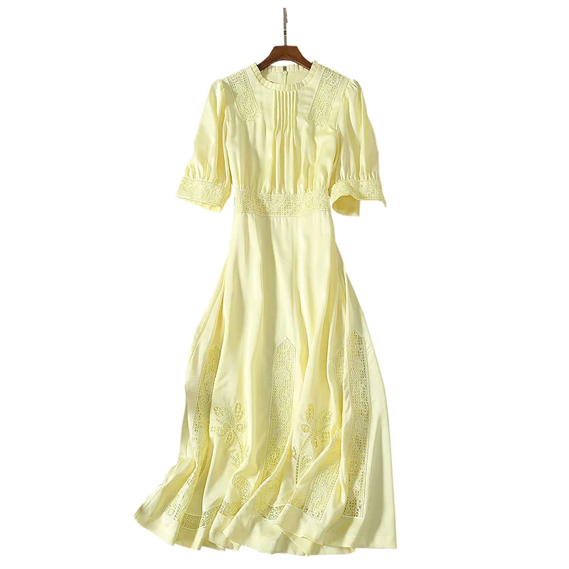 Трикотажное платье ярко желтого цвета Плиссированное Шелковое Платье С Рюшами