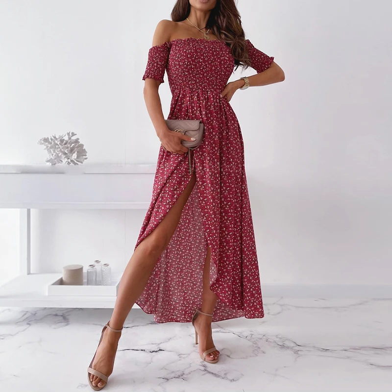 

Women Summer Floral Dress Sexy Off Shoulder Maxi Dress 2021 Casual Elastic Split Irregular Female Elegant Party Long Dress