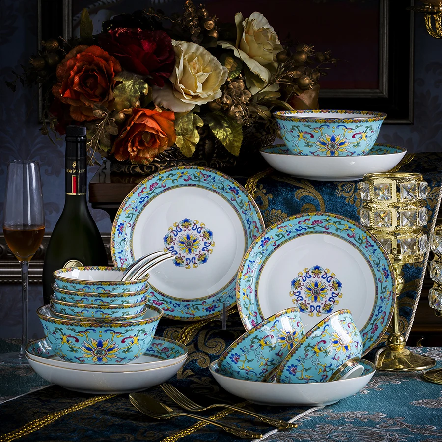 

Kitchen Bar Counter Supplies Chinese Style High Foot Twig Drawing Gold dinner Set porcelain Ceramic Rice Bowl Soup Dish Spoon