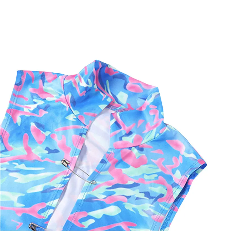 

Women Summer Shorts Set Close-fitting Two-piece Clothes Set Blue Printed Pattern Hollow Out Sleeveless Crop Tops And Shorts