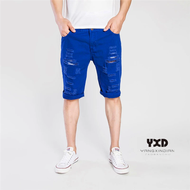 2022 New Fashion Men's Ripped Beggar Jeans For Men Brand Clothing Summer Streetwear Cotton Breathable Denim Shorts Male Red Blue