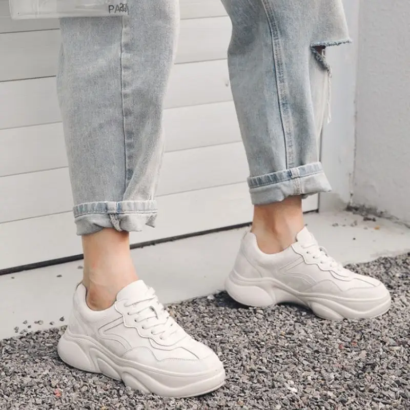 Taoffen Real Leather Sneakers Women Thick Sole Solid Color Lace Up Flats Shoes Daily Outdoor Leisure Shoes Women Size 35-39
