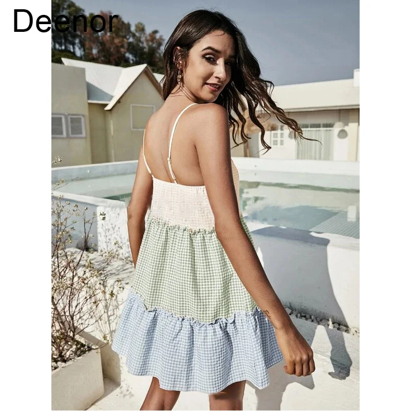 

Deenor Dresses for Women Summer Drawstring Pleated Lace Up Dress Pleated Plaid Casual Women's Dress Drawstring Skirt