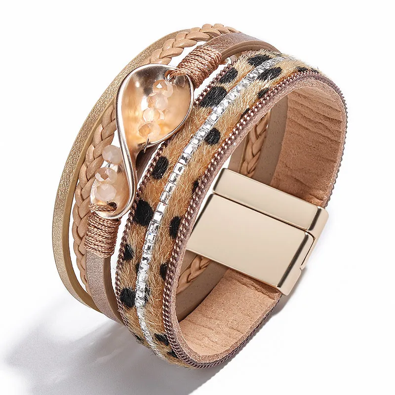 Многослойный тканый волнистый кожаный браслет для женщин 2020 леопардовые зерна