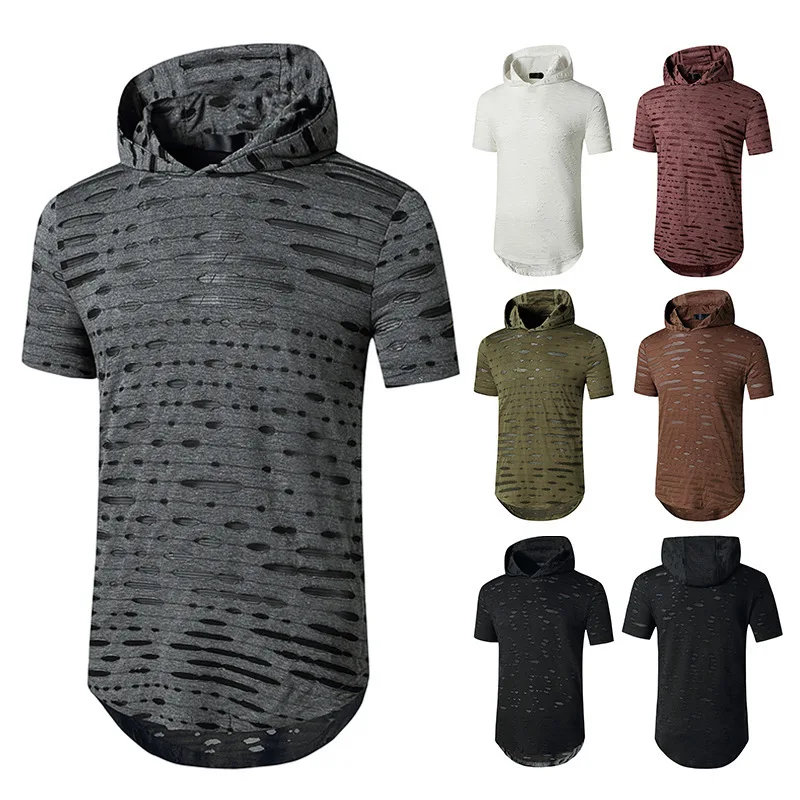 

2021 Fashion Hip-hop Hole Men's Hooded T-shirt Military Black White Gray Long Tee Mens Summer Clothing Short Sleeve T Shirts