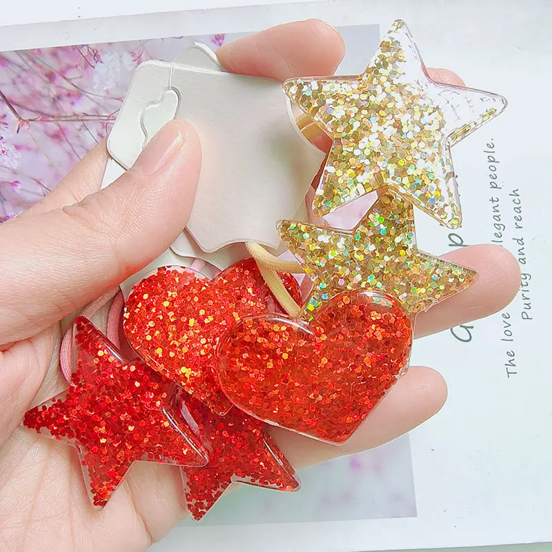 

6pcs(3pairs) Cute Glitter heart star Rubber Bands Scrunchies Elastic Hair Bands Girls Headband Decorations Ties Gum