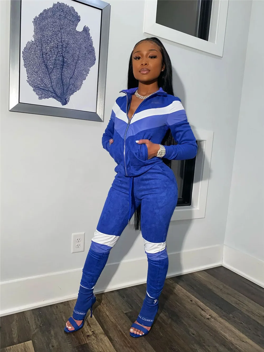 Костюм спортивный женский полосатый в стиле пэчворк повседневный жакет на