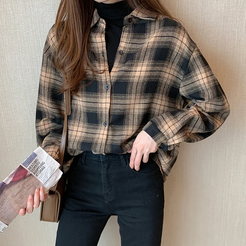 

2020 Spring New Style Plaid Shirt Base Underwear Loose-Fit Korean-style Versatile Long-Sleeve Shirt Women's
