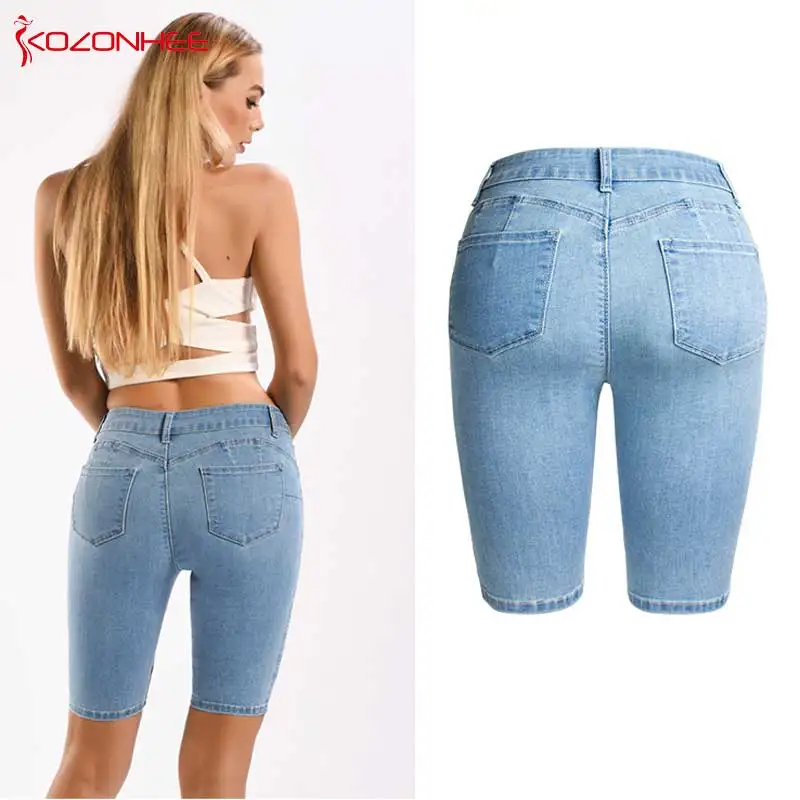 Женские джинсы-карандаш обтягивающие синие джинсы со средней талией до колена #