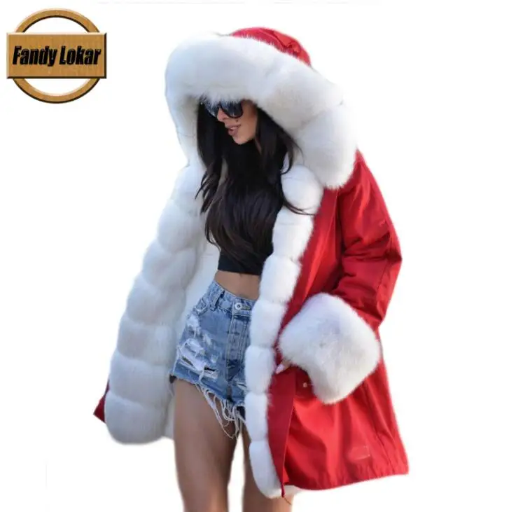 red shell Fandy lokar, натуральное меховое пальто, женская зимняя куртка, натуральный Лисий мех, с капюшоном, пальто, натуральный мех кролика, подкладка, куртки, Женская парка из натурального меха - Цвет: red shell