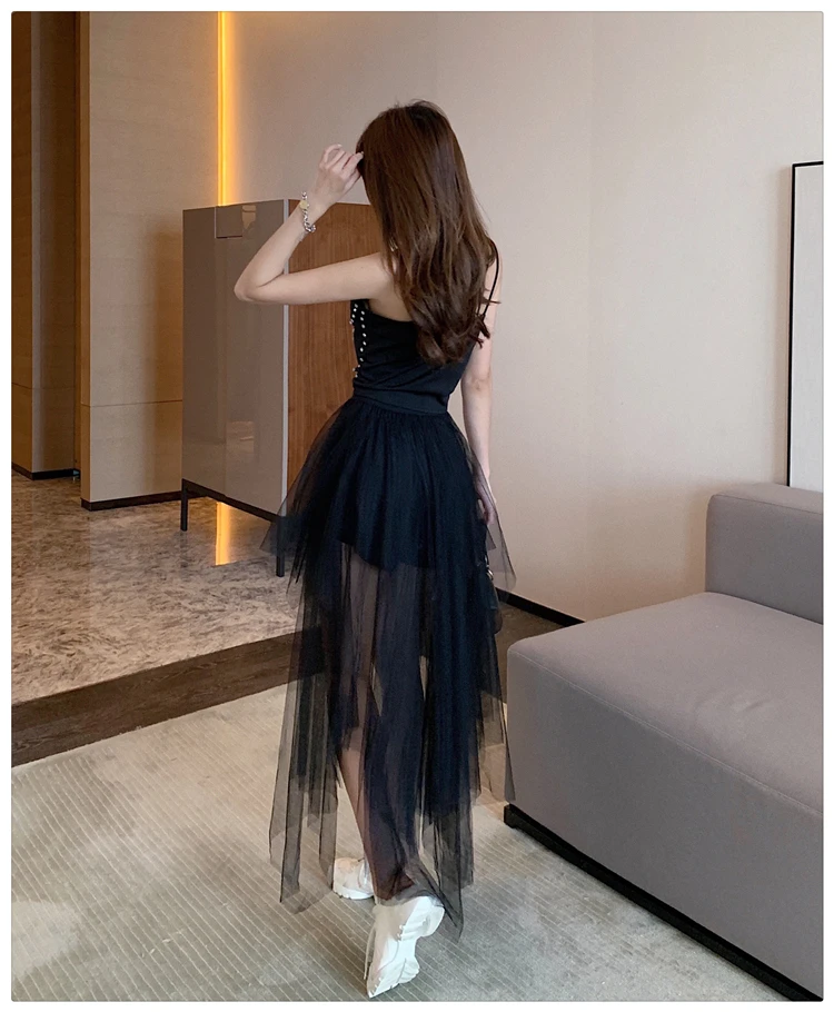 

Streetwear Summer Fashion Korean Beading Spaghetti Strap Zipper Top + Mesh Asymmetrical Skirt Sexy Night Club Two-Piece Set