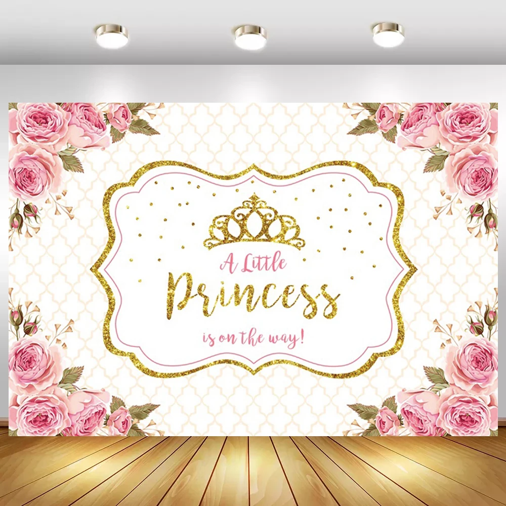 

Виниловый фон для фотосъемки с изображением Золотой короны маленькой принцессы в дороге Розовые розы цветы для девочек день рождения торт ...