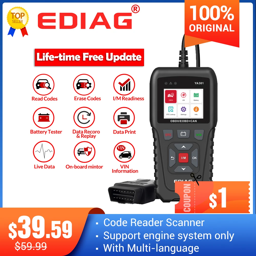 Считыватель кодов Ediag YA301 OBDII/EOBD устройство для чтения 16 контактный разъем USB с
