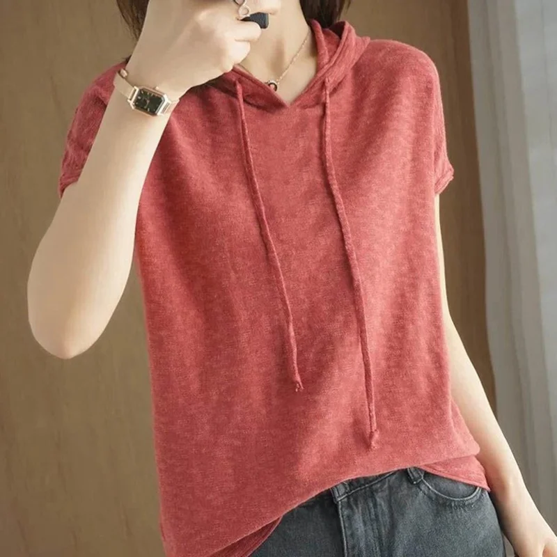 

Casual Solid Short Sleeve Hooded Tops Women Large Size Summer Loose Korean Style Basic Knitwear Female Summer Women Dreses 2021