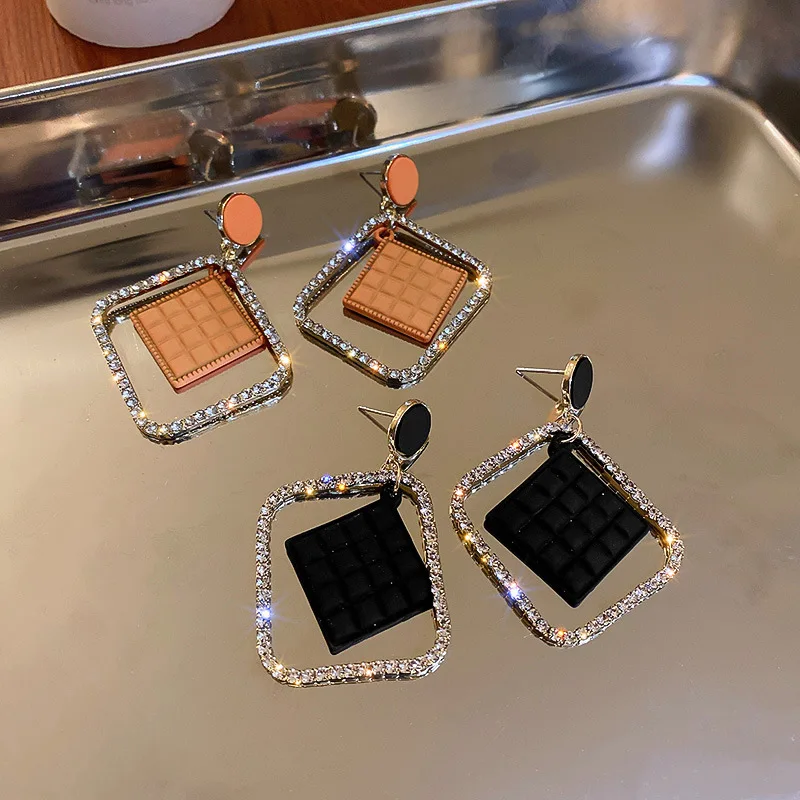 

European and American personality exaggerated geometric diamond square rhombus S925 silver needle earrings women