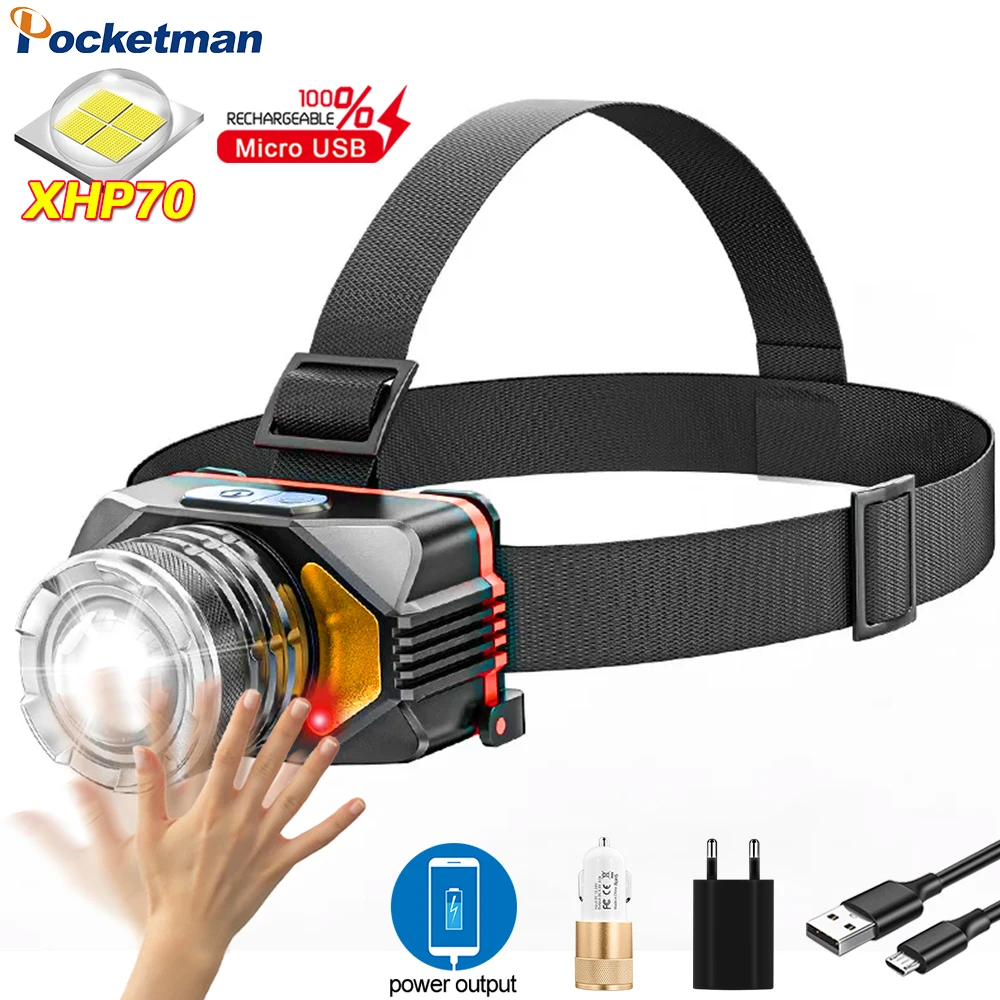 

Мощный светодиодный головсветильник фонарь XHP70 с датчиком, Головной фонарь с зарядкой от USB, светильник ЛОБНЫЙ фонарь для кемпинга со встрое...
