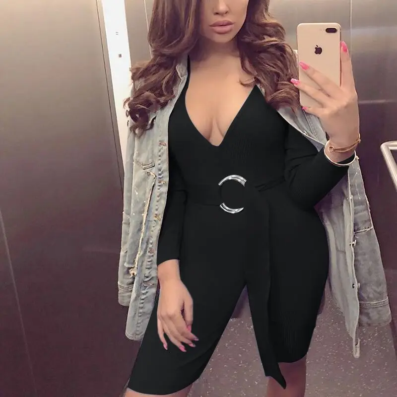 Women 2019 Autumn Black Blue With Sashes Sexy Deep V Neck Bodysuit Skinny High Waist Casual Wear |