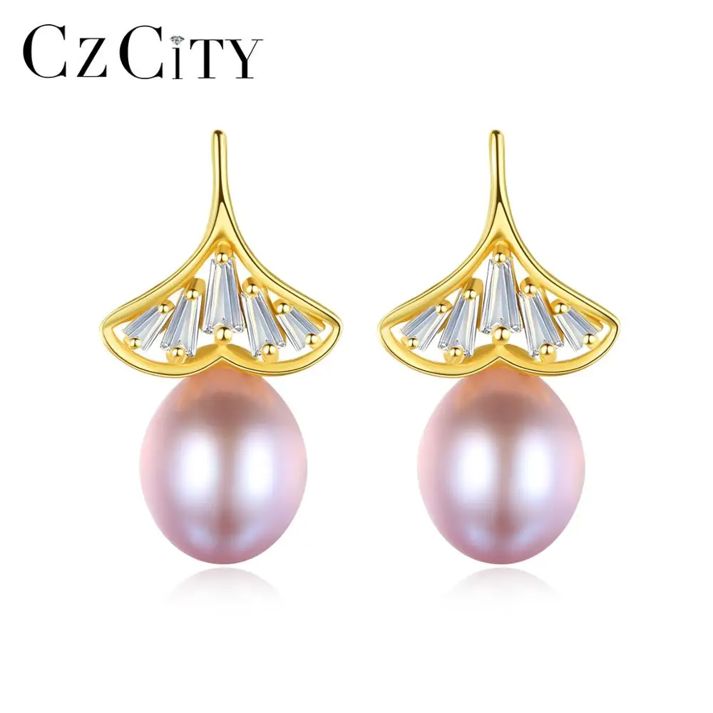 

CZCITY Ginkgo Leaves Drop Earrings for Women Wedding 925 Sterling Silver Natural Pearl Fine Jewelry Dating Birthday Gift FE-0307
