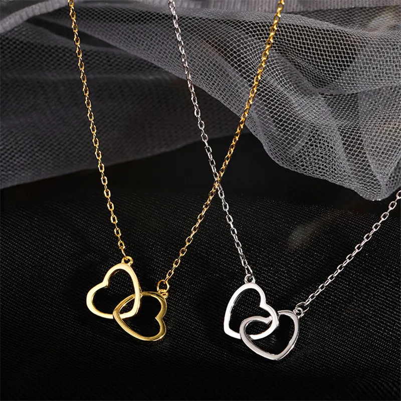 

925 Sterling Silver Double Heart Charm Necklace Pendant Statement Jewelry For Women Wedding Choker dz174