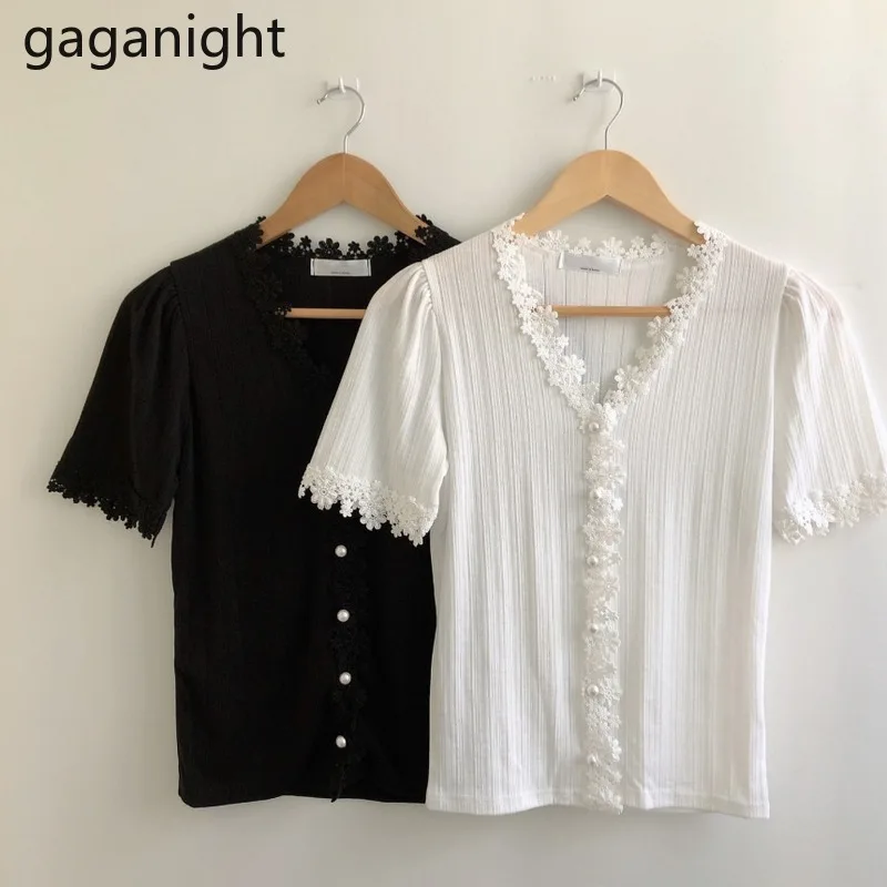 Gaganight Fashion Women Lace Knitted T Shirt Short Sleeve Cardigan Stretchy Office Lady White Black Tshirt Slim Korean Tshirts | Женская
