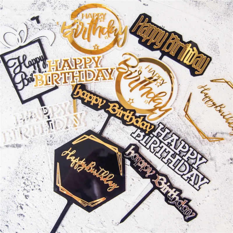 Топпер для торта С Днем Рождения украшение Черное золото многоугольник