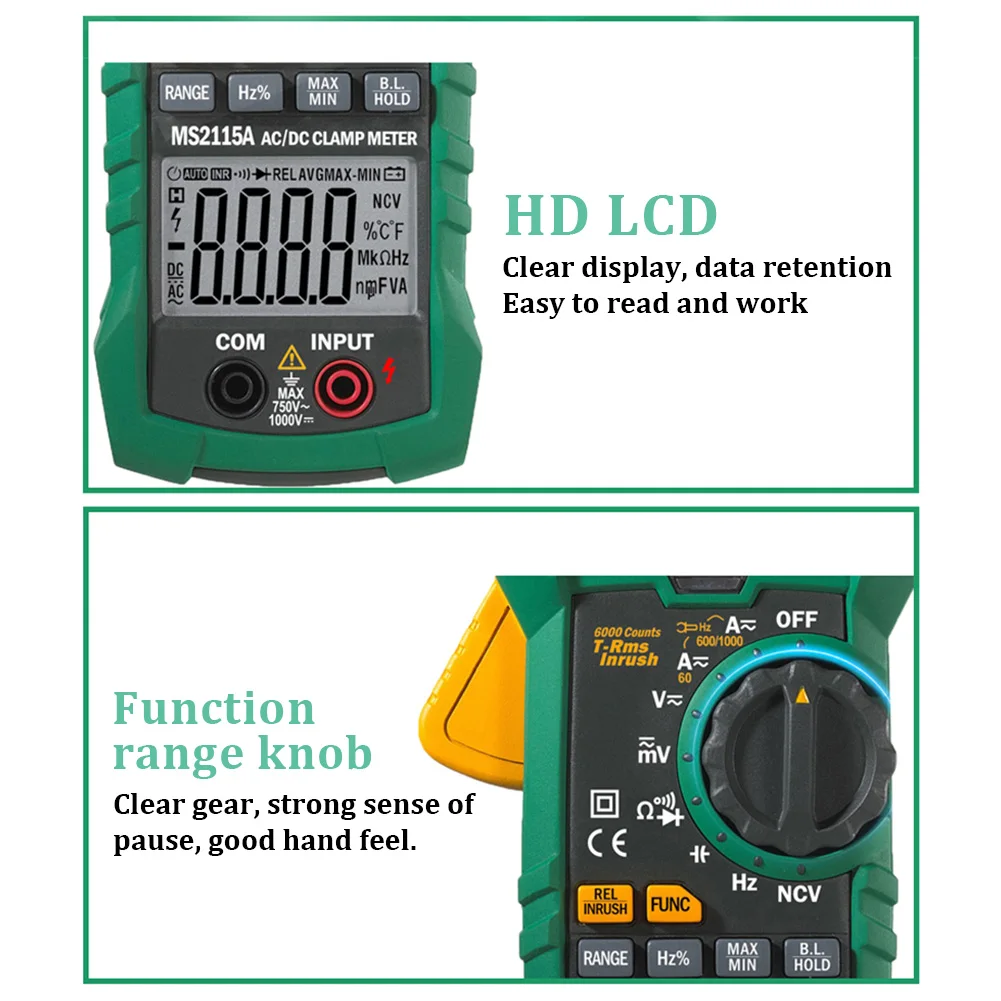 

MS2115A DC AC Amper Portable ABS Measurement Tool True Rms Display Backlight Digital Clamp Meter Voltage Current Tester Home