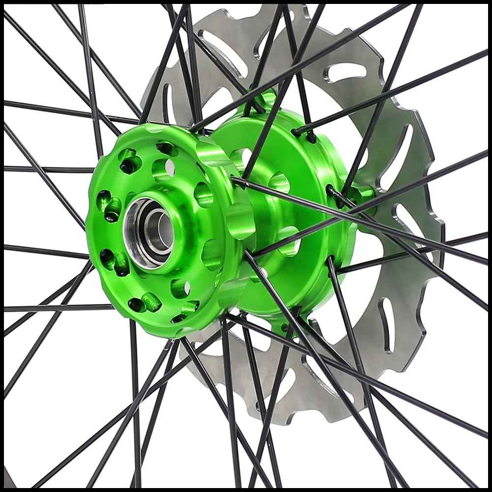 KKE 21/18 Motorcycle Rim Spoked Wheels Set For KAWASAKI KX250F KX450F 2006-2014 KX125/250 2006-2007 Green Nipple Black Spoke |