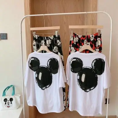 Летняя одежда для сна Disney Хлопковая пижама женская домашняя с мультяшным Микки