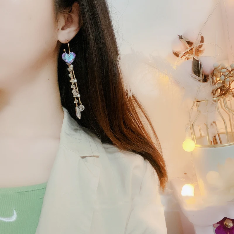 

SUMU Korean Asymmetric Heart Crystal Long Drop Earrings For Women Elegant Luxury Temperament Oorbellen Jewelry Gifts