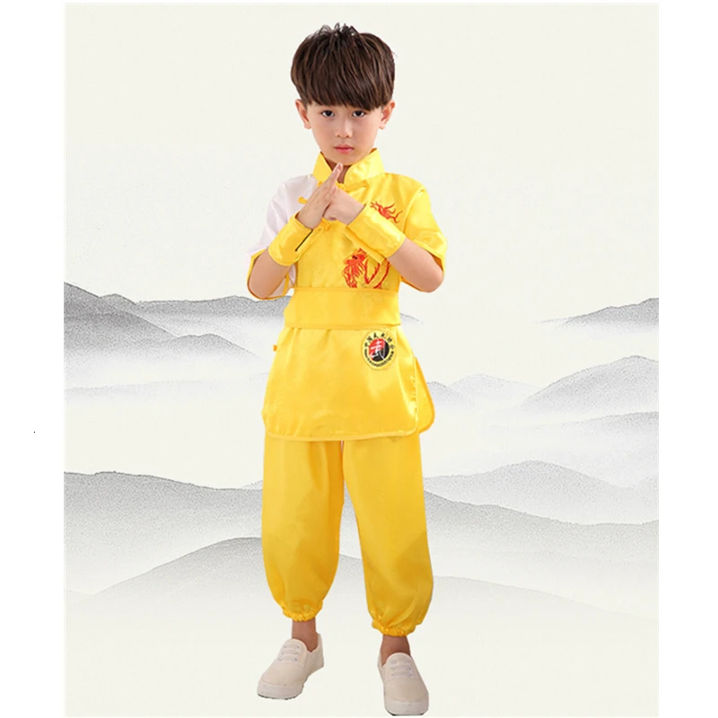 Yellow Short Set Детская одежда ушу Вышивка Дракон Форма для кунгфу Китайский традиционный костюм для тайчи детей сценическое представление шаолин костюмы - Цвет: Yellow Short Set