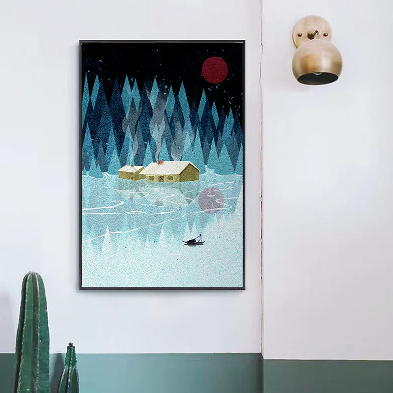 Абстрактный домик восхода солнца и озеро лес настенное искусство Темный пейзаж