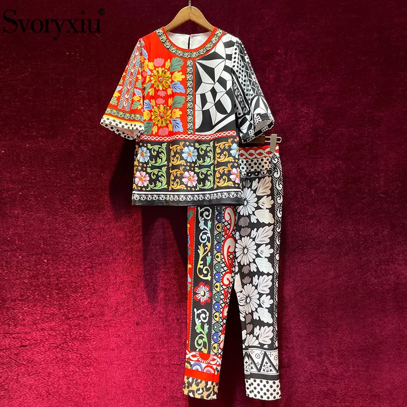 

Svoryxiu Designer Fashion Summer Vintage Two Piece Set Women's Half Sleeve Crystal Beaded Totem Print Blouse + Pants Suits