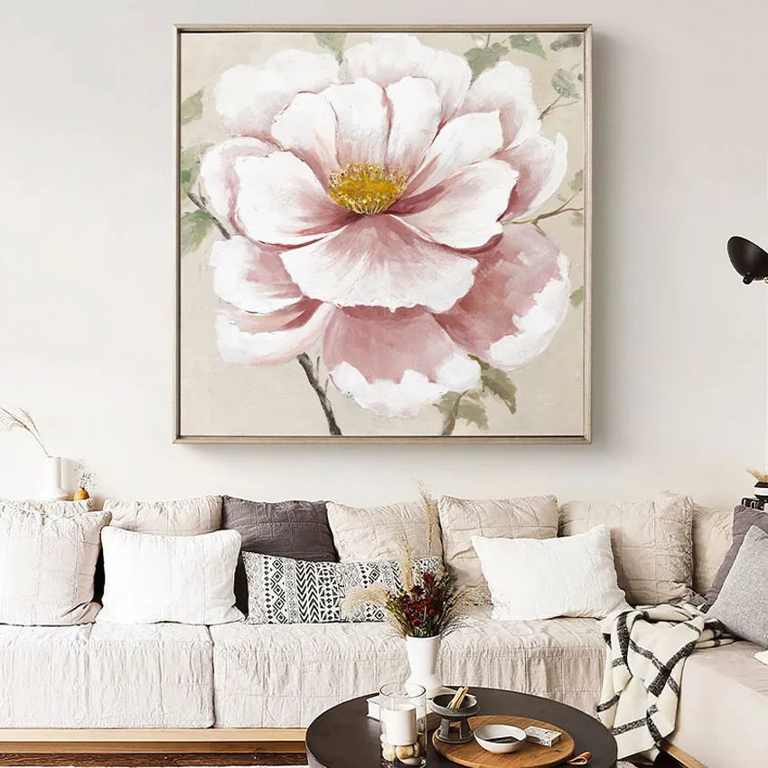 Настенный постер с абстрактными розовыми цветами и золотой линией ручная