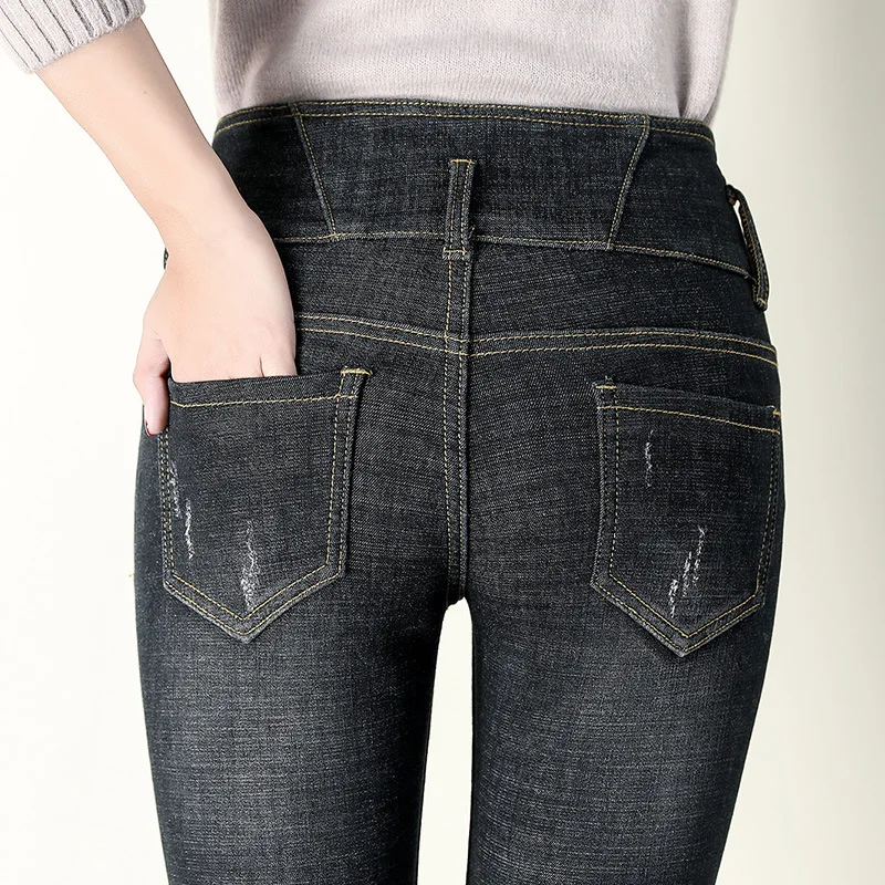

Women Winter Thick Fleece Warm Simple solid Elastic High Waist Skinny Jeans blue black female mom washed denim pencil pants