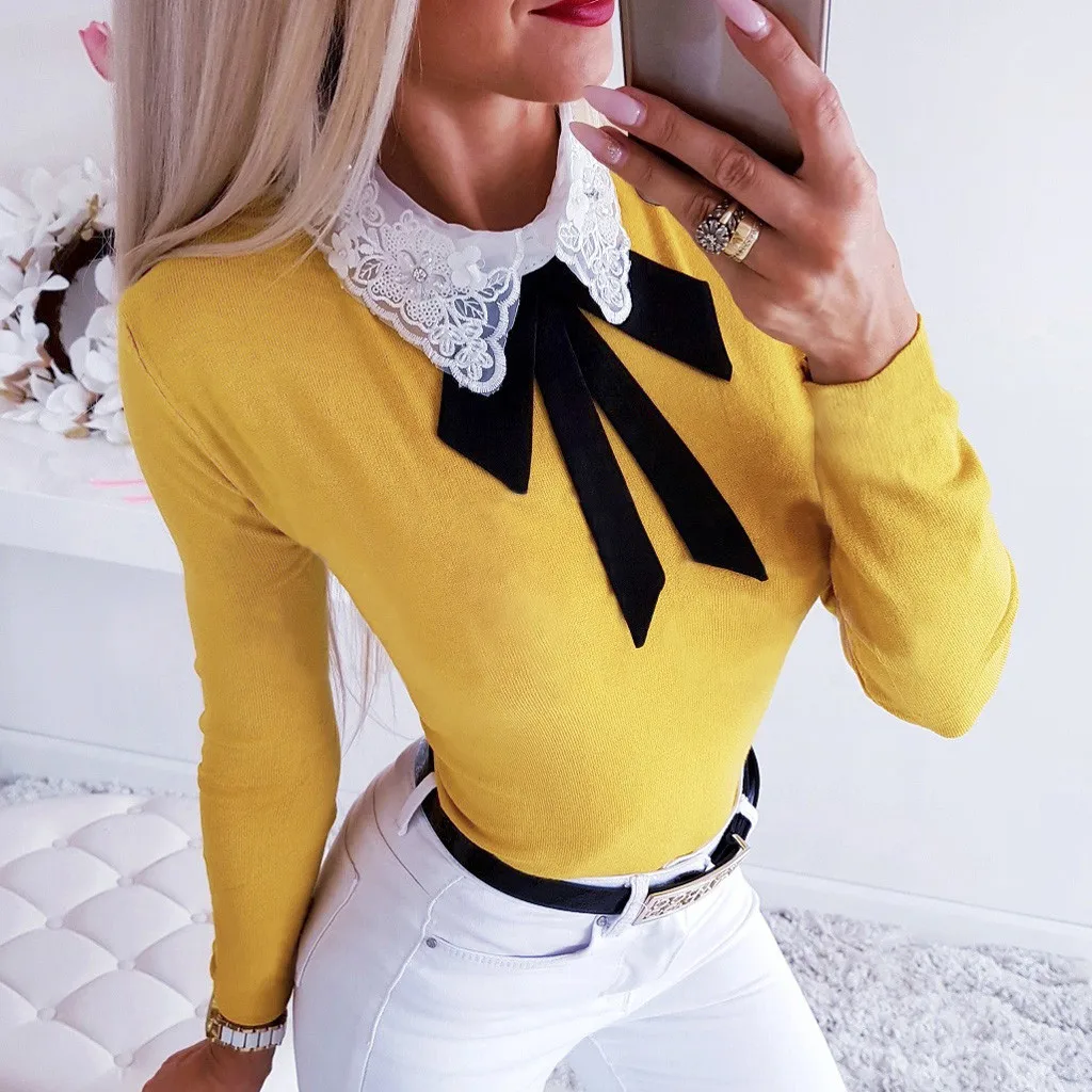 

FREE OSTRICH Sexy Stretch Bottoming Shirt Top For Women Long Sleeve Sweet Lace Bowknot Collar Blouse Ladies Slim Shirt Top