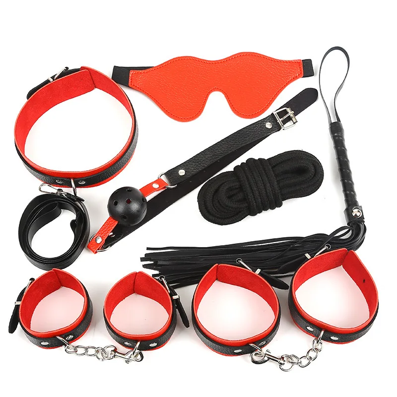 

Black Red Leather Seven 7-Piece Set Couples Flirting Alternative Binding Fun Bondage Set Handcuffs Binding Toys
