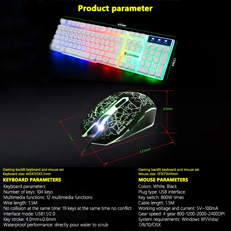 

USB Wired Keyboard Mouse Set With LED Backlight Waterproof Ergonomic Computer Gaming Keyboard+2400DPI Mouse For PC Laptop