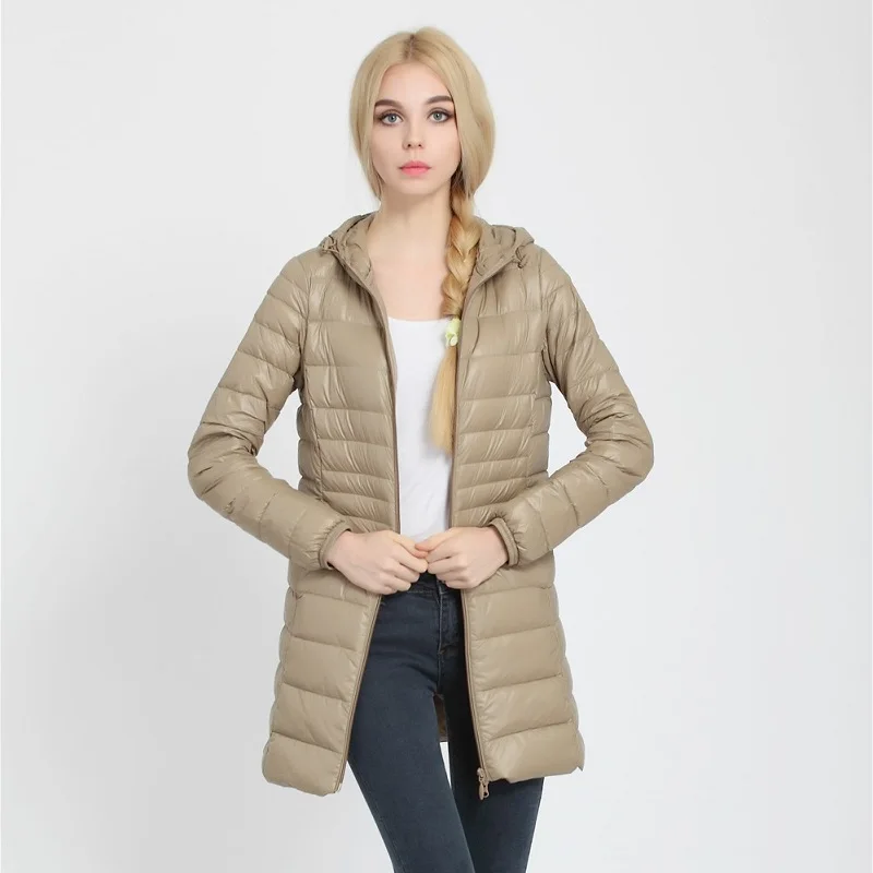 AECU Women Long Down Coats Winter Ultralight Thin Down Jacket White Duck Down Hooded Warm Coat Parka Female Portable Outwear