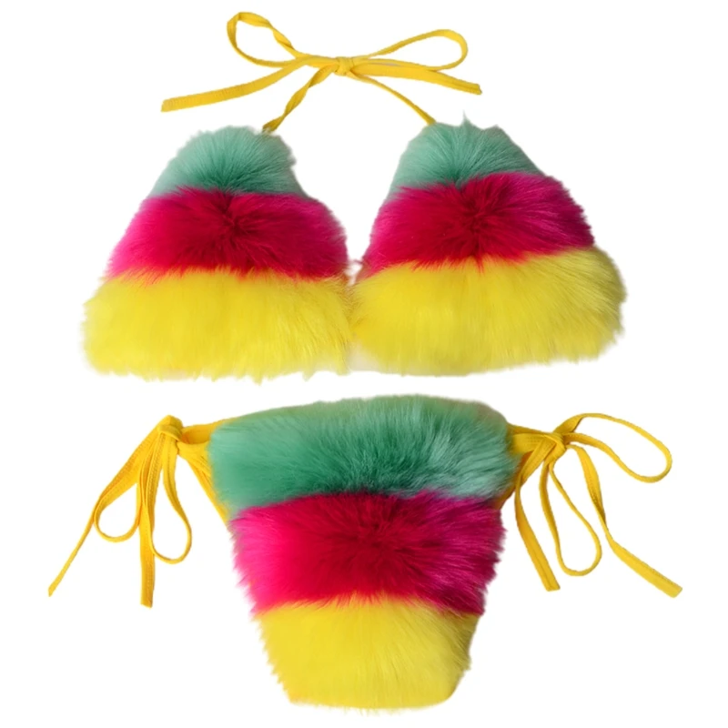 

2021 New Women Sexy 2pcs Bikini Set Faux Fur Rainbow Striped Halter Tie Swimsuit Clubwear