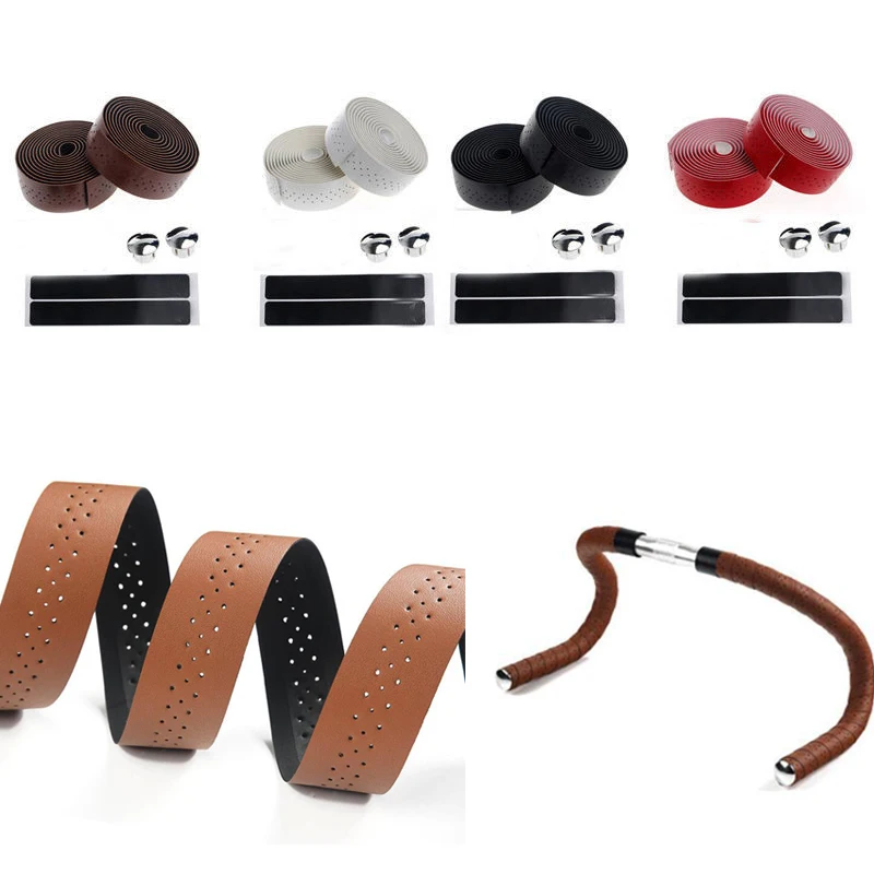 

2 rolls Retro Bike Handlebar Tape PU Leather Road Bicycle Handlebar Grip Wraps Bar + 2 Bar End Plugs Holes Cycling Accessories