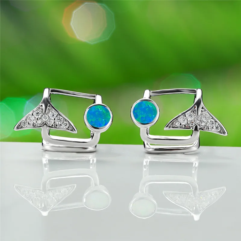 Милые женские опаловые круглые серьги русалки с рыбьим хвостом, Boho 925, серебряные, белые, синие, винтажные свадебные серьги для женщин