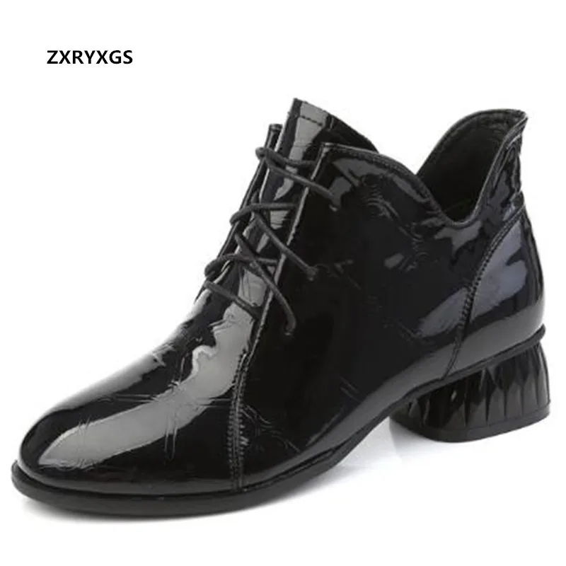 

Женские ботинки из лакированной кожи, черные ботинки из воловьей кожи на толстом каблуке, на шнуровке, в британском стиле, большие размеры, весна 2022