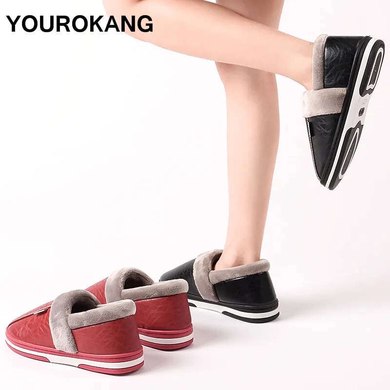 Couple Home Slippers Winter PU Leather Women Plush Slippers For Lovers Plus Size Indoor Warm Furry Soft Floor Female House Shoes