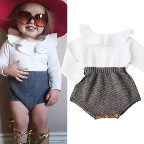 

AA Newborn Baby Girls Kids Winter Warm Clothing Wool Knitting Ruffles Crochet Tops Romper Long Sleeve Sweater Outfit Jumper