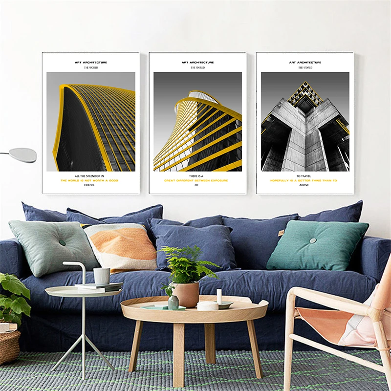 Картина на холсте с желтым пейзажем в скандинавском стиле настенная живопись