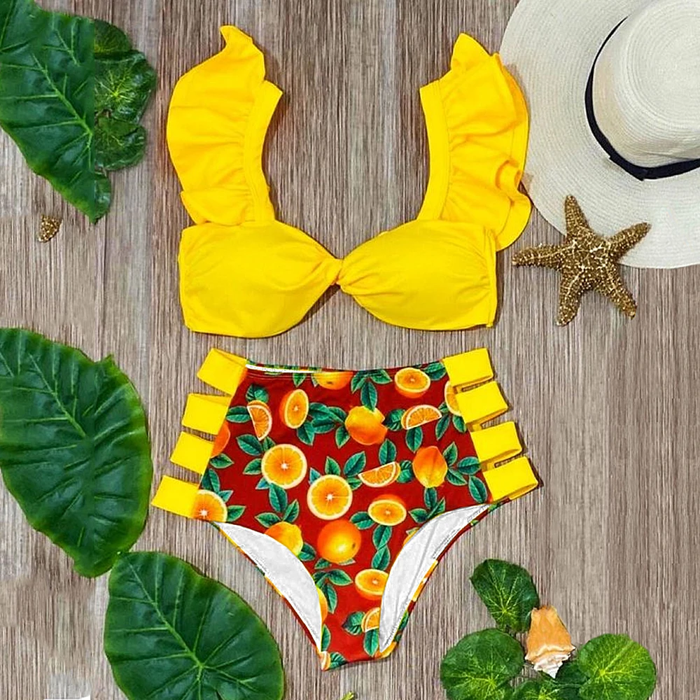 

2021 New Sexy High Waist Ruffle Bikini Set Swimwear Women Two Pieces Swimsuit Yellow Print Floral Beachwear Bathing Suit Biquini