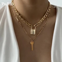 long cuban link chain keylock choker necklace punk layered padlockkey pendants necklaces for women fashion collar jewlery 2021