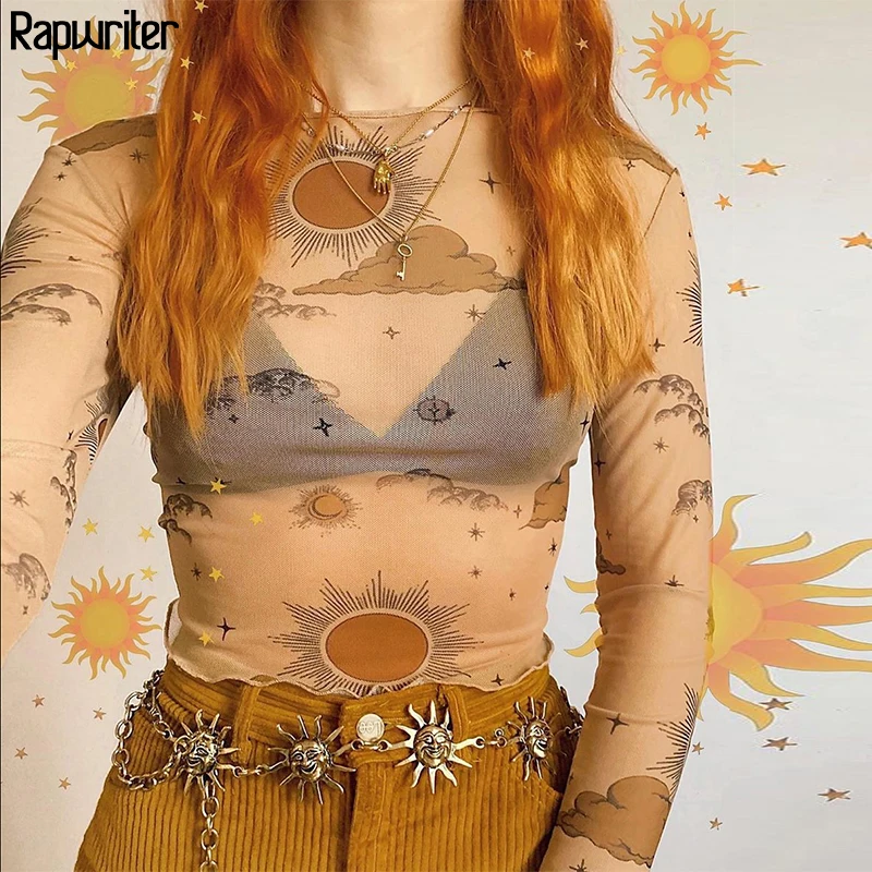 Rapwriter Sun Moon печати сетки сексуальные футболки женские узкие укороченный топ 2020