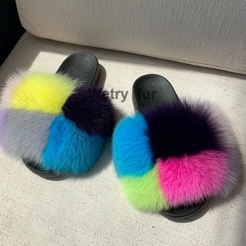 Kids Real Fox Slippers Raccoon Slides Chinelos Menina Slippers Toddler Baby Girls Shoes fox fur slides fur slides for kids images - 6